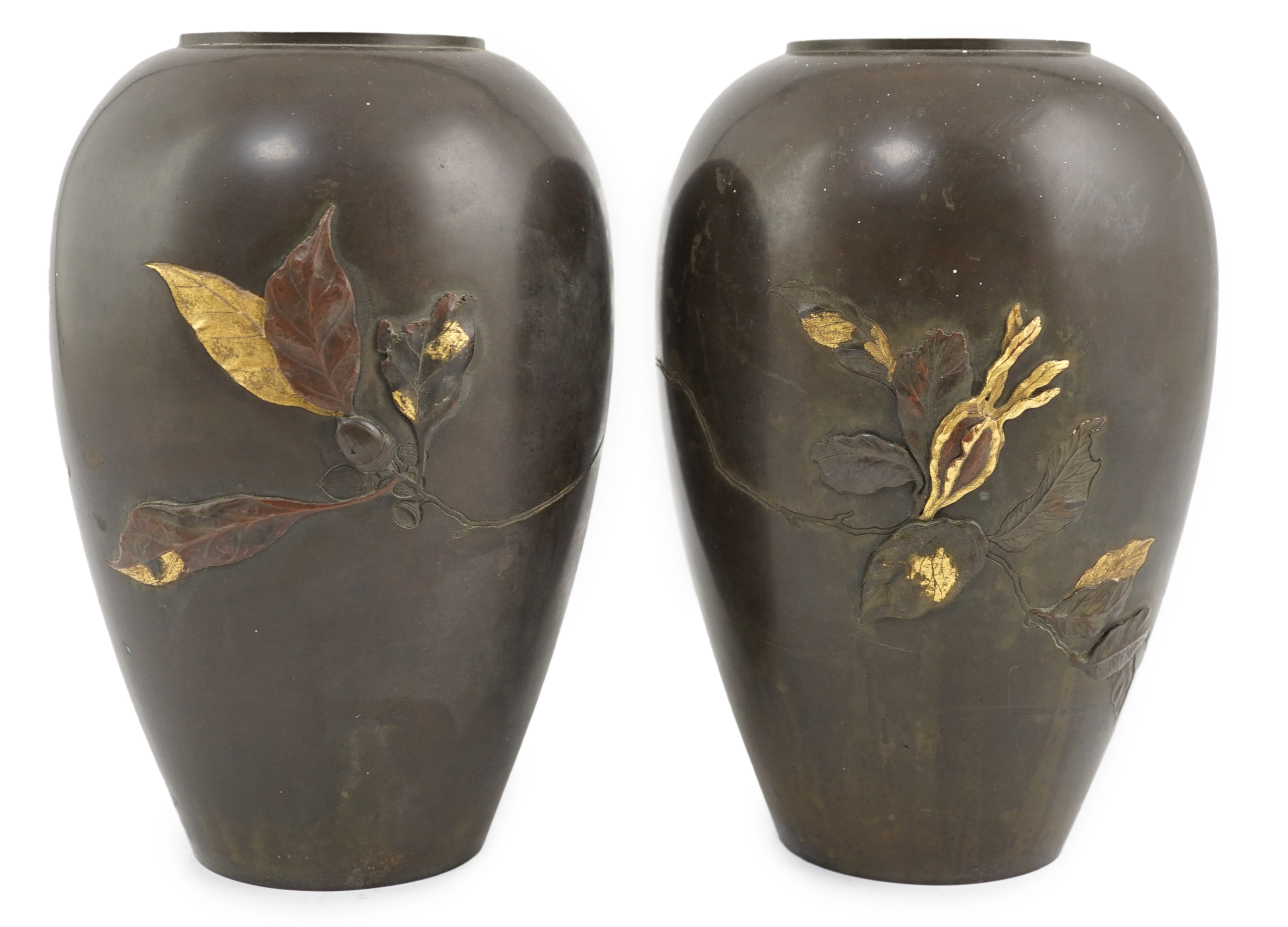 A pair of Japanese bronze and mixed metal ovoid vases, Meiji period